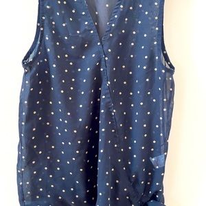 Cute sheer navy blue with cream polka dot top with side bow
